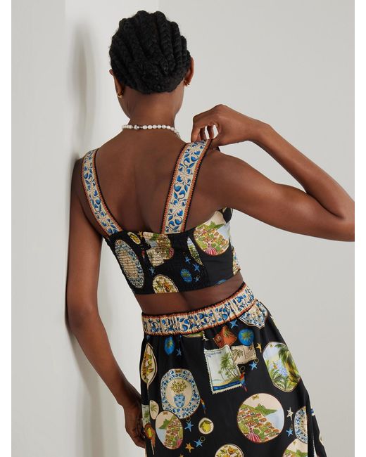 Farm Rio Blue Cropped Printed Cotton Bustier Top