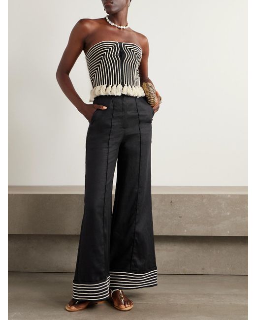 ANDRES OTALORA Black Escuchas Cropped Strapless Tasseled Embroidered Linen Top