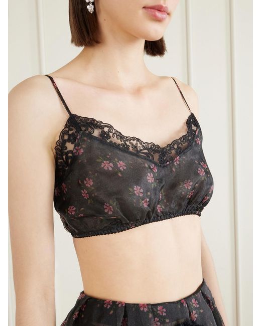 Simone Rocha Gray Cropped Lace-Trimmed Floral-Print Organza Top