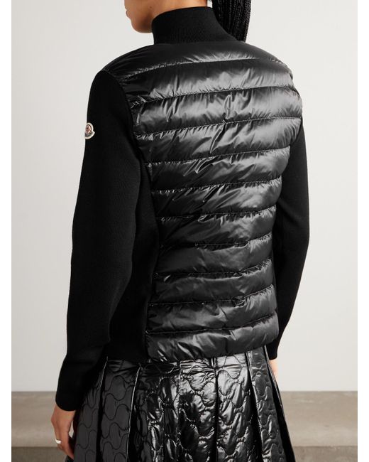 Moncler Black Cardigan Aus Wolle Und Gestepptem Shell Mit Daunenfüllung