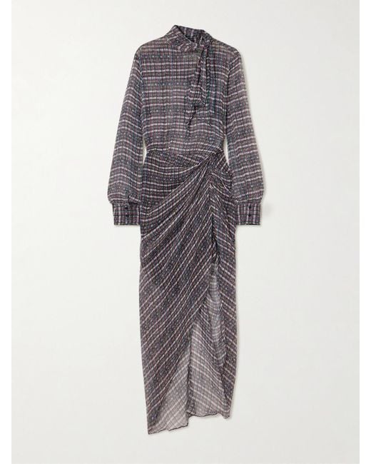 Isabel Marant Gray Gloya Asymmetrisches Hemdblusenkleid Aus Kariertem Seidenkrepon Mit Schluppe
