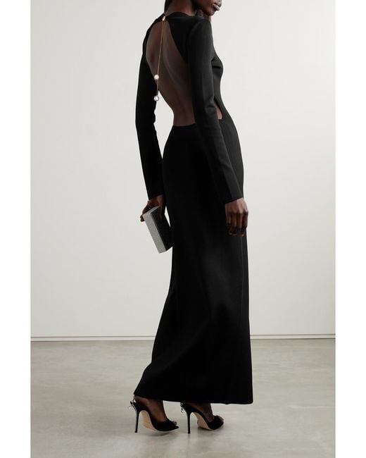 Galvan Black Net Sustain Vega Rückenfreies Maxikleid Aus Stretch-Strick Mit Verzierungen