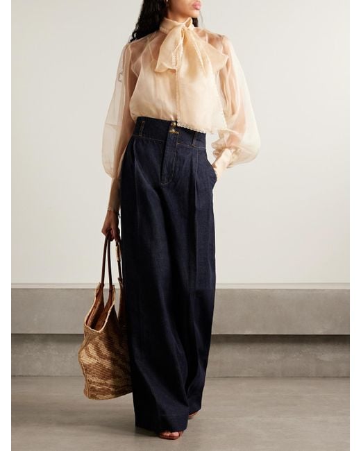 Zimmermann Natural Pussy-Bow Lace-Trimmed Silk-Organza Blouse