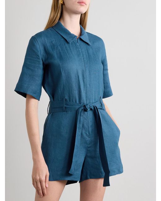 Rivet Utility Blue Influencer Playsuit Aus Leinen Mit Bindegürtel