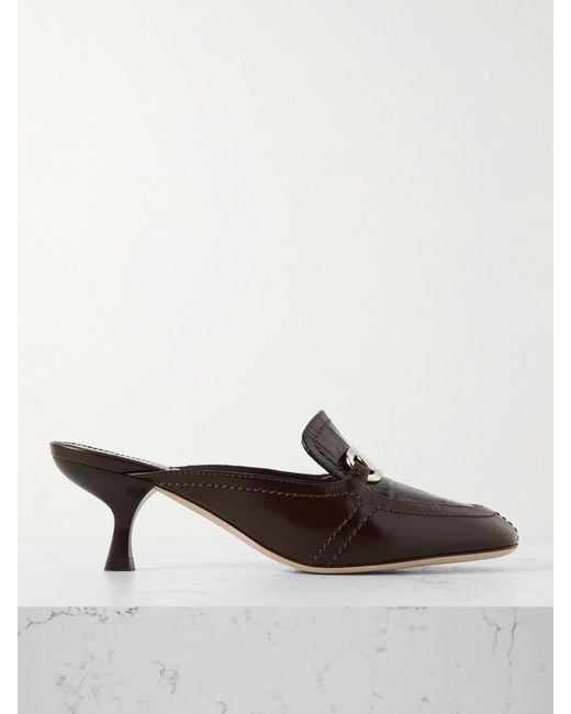 Ferragamo Brown Elodye Embellished Smooth And Croc-Effect Leather Mules