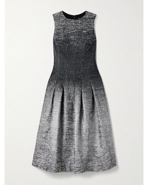 Oscar de la Renta Gray Pleated Metallic Bouclé-Tweed Midi Dress
