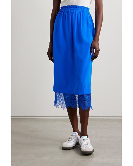 Sea Blue Lorraine Lace-Trimmed Silk Crepe De Chine Midi Skirt
