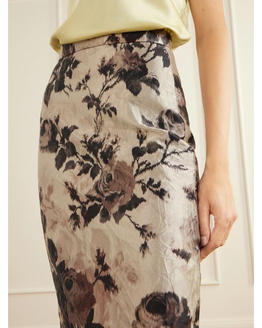 Erdem Gray Floral-Print Crinkle Satin Midi Skirt