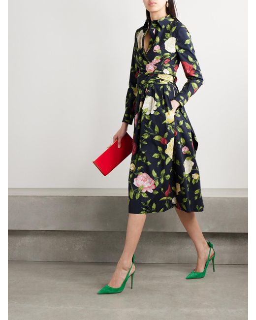 Oscar de la Renta White Wrap-Effect Floral-Print Cotton-Blend Poplin Midi Dress