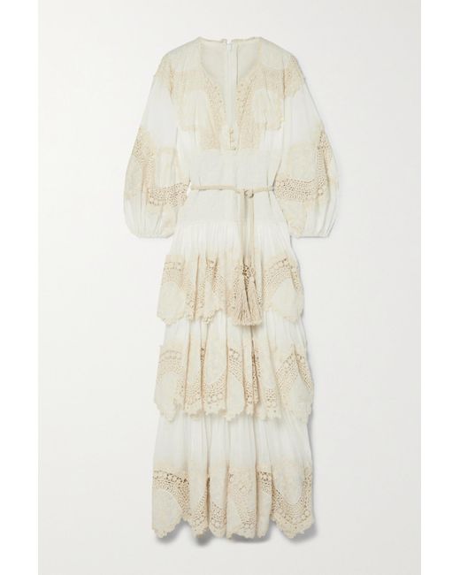 Zimmermann Pattie Belted Tiered Crochettrimmed Embroidered Ramie Maxi