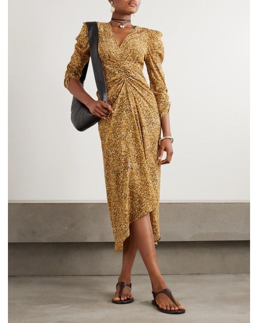 Isabel Marant Metallic Albini Midikleid Aus Einer Bedruckten Seidenmischung Mit Raffungen