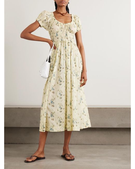 Doen Metallic Ashlynn Tie-Detailed Shirred Floral-Print Organic Cotton-Voile Midi Dress