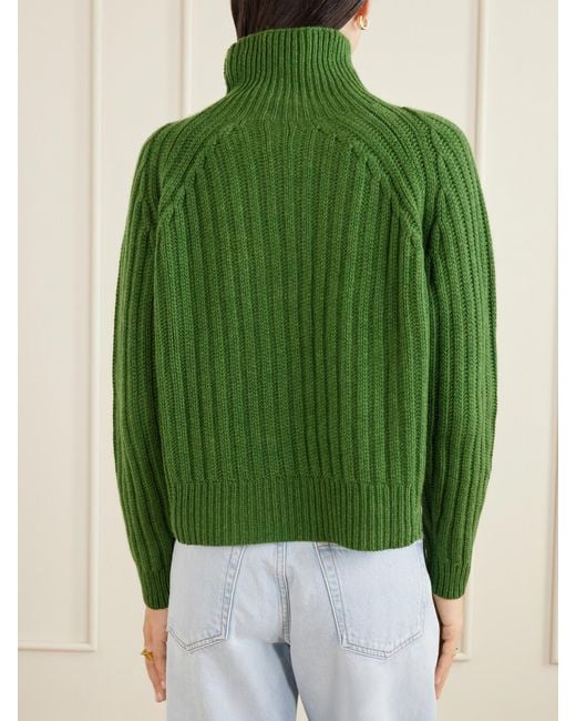 Allude Green Ribbed Cashmere Turtleneck Sweater