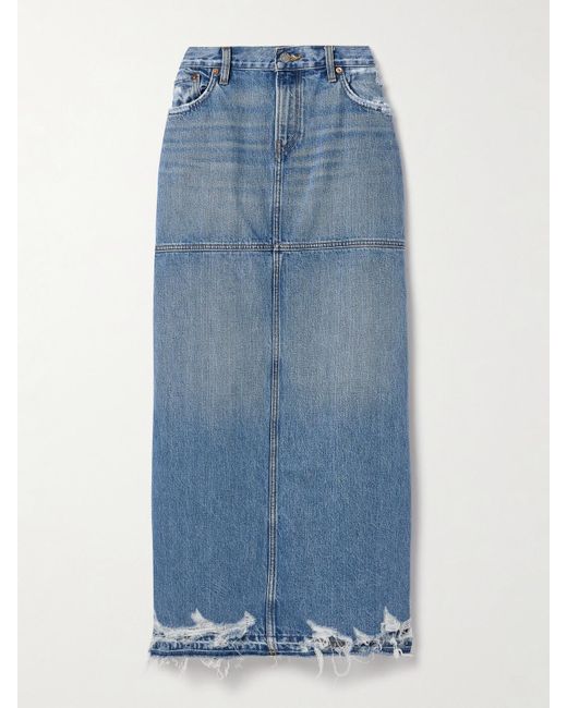 Re/done Blue Maxi-Jeansrock Mit Fransen