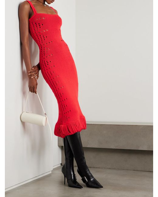 DIOTIMA Red Moore Fringed Pointelle-Knit Cotton-Blend Maxi Dress