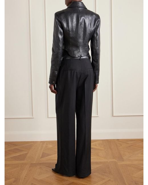 Magda Butrym Black Cropped Paneled Glossed Textured-Leather Biker Jacket