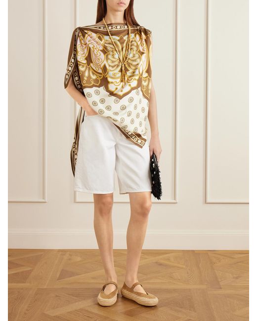 LaDoubleJ Metallic Asymmetric Knotted Printed Silk-Satin Blouse