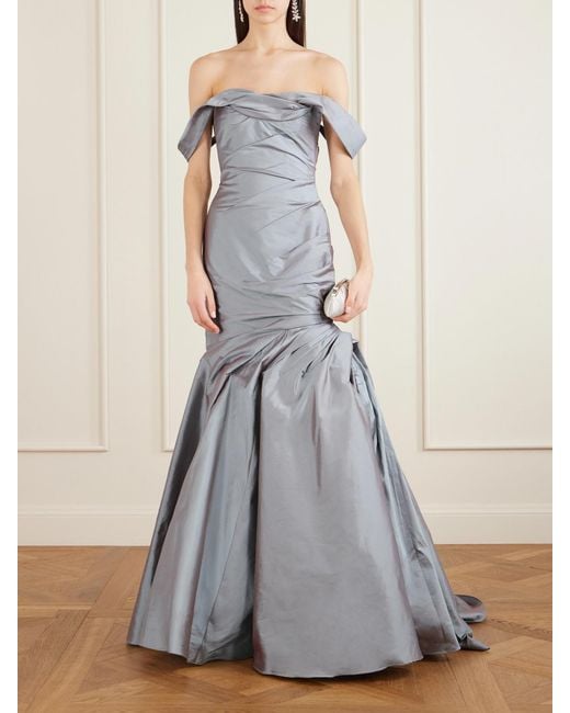 Marmar Halim Gray One-Shoulder Gathered Taffeta Gown