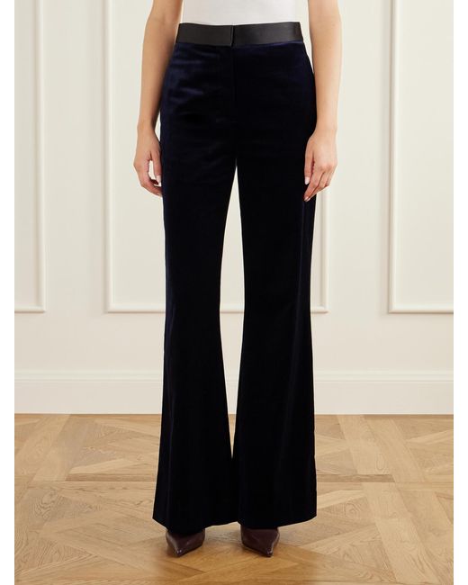 Victoria Beckham Blue Alina Satin-Trimmed Cotton-Blend Velvet Flared Pants