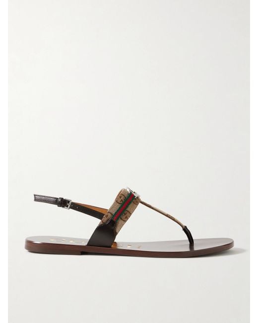 Gucci Natural Kika Logo-Embellished Webbing And Leather-Trimmed Canvas-Jacquard Sandals