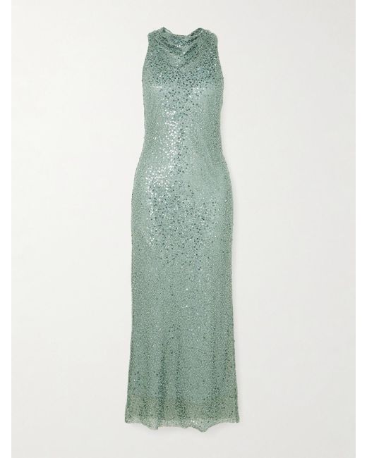 Rebecca Vallance Green Nixie Open-Back Embellished Metallic Mesh Midi Dress