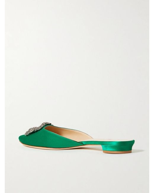Manolo Blahnik Green Hangisi Crystal-Embellished Satin Slippers