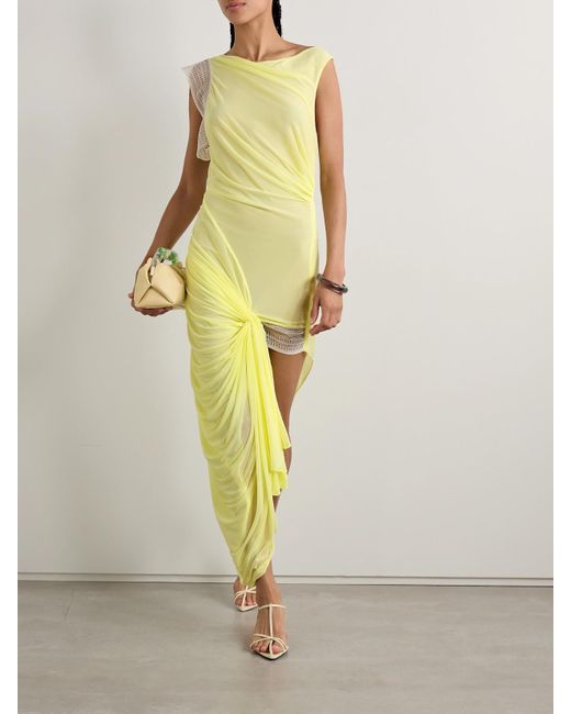 Christopher Esber Yellow Galathea Robe Aus Mesh Mit Raffungen Und Spitzenbesätzen