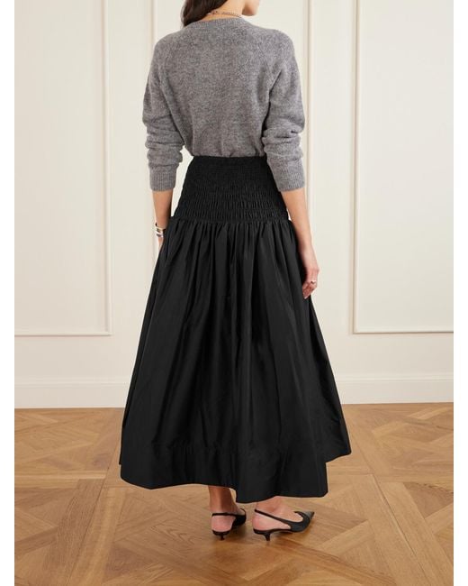 Self-Portrait Black Shirred Cotton-Sateen Midi Skirt
