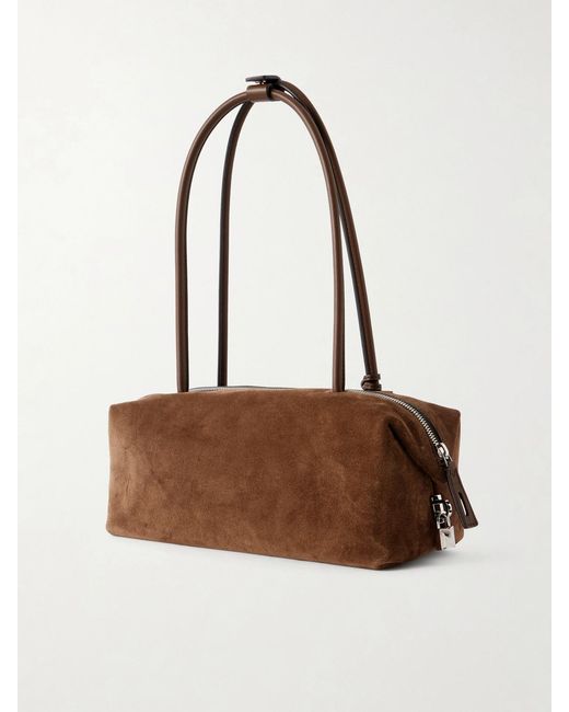 Max Mara Brown Logo-Debossed Leather-Trimmed Suede Shoulder Bag