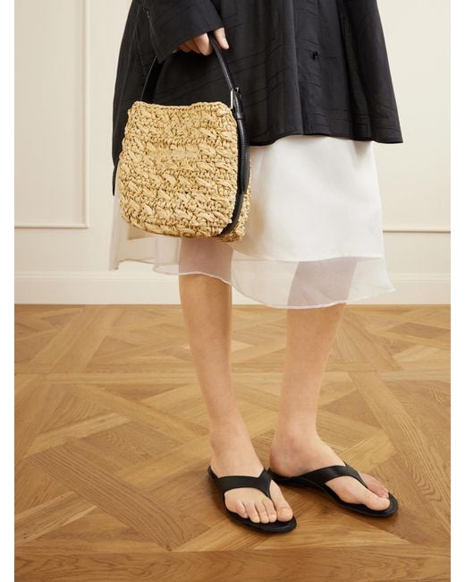 Totême  Natural Belted Small Leather-Trimmed Raffia Shoulder Bag