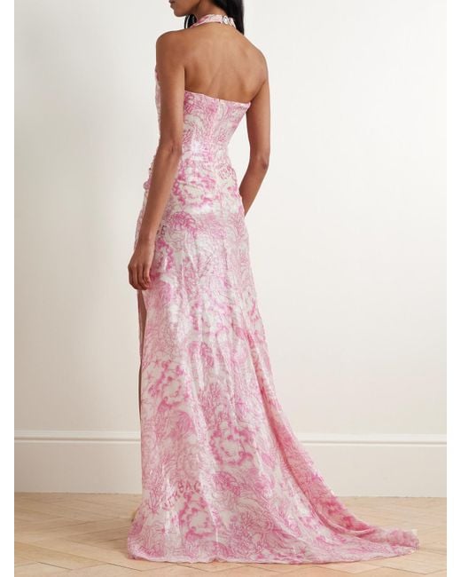 Versace Pink Embellished Metallic Printed Silk-Blend Chiffon Gown