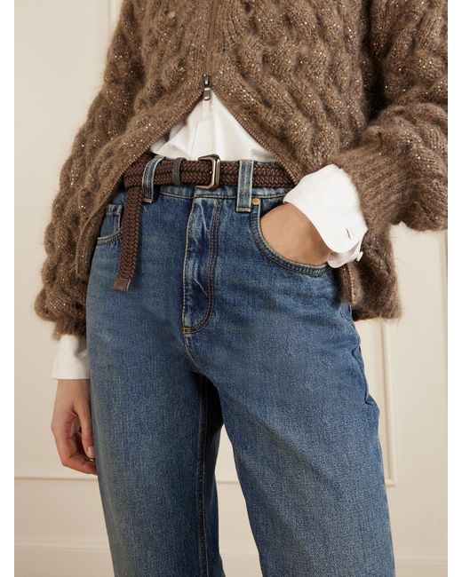 Brunello Cucinelli Blue Cropped Bead-Embellished Straight-Leg Jeans