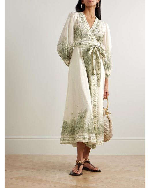 Zimmermann Natural Wanderlust Belted Printed Cotton-Voile Wrap Midi Dress