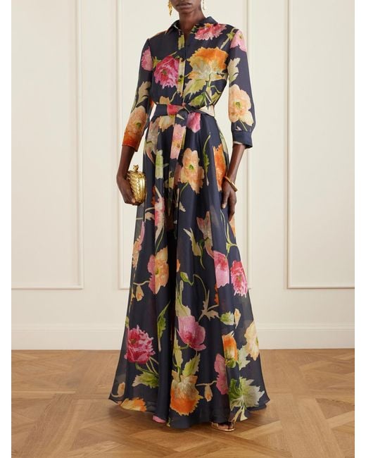 Carolina Herrera White Belted Floral-Print Silk-Organza Gown
