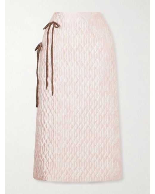 Simone Rocha Pink Bow-Detailed Chenille-Trimmed Quilted Printed Satin Midi Skirt