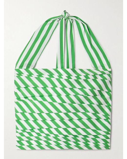 BERNADETTE Green Tippy Striped Pintucked Taffeta Halterneck Top