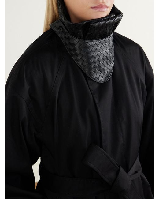 Bottega Veneta Black Belted Intrecciato Leather-Trimmed Cotton-Gabardine Coat