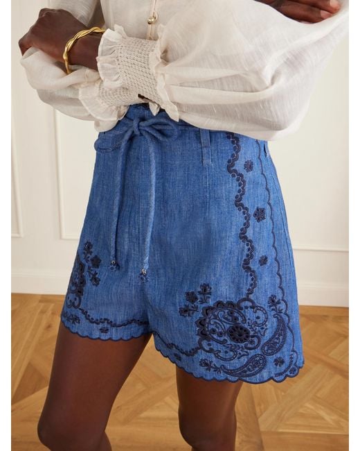 Zimmermann Blue Aster Scalloped Embroidered Denim Shorts