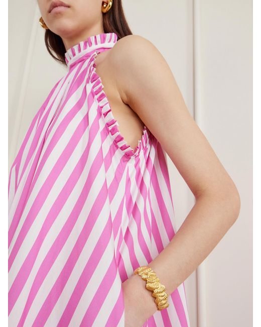 Loretta Caponi Pink Melinda Ruched Striped Cotton-Poplin Halterneck Maxi Dress