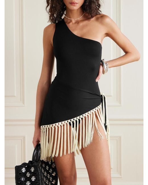 ‎Taller Marmo Black Yacare One-Shoulder Swimsuit And Fringed Pareo Set