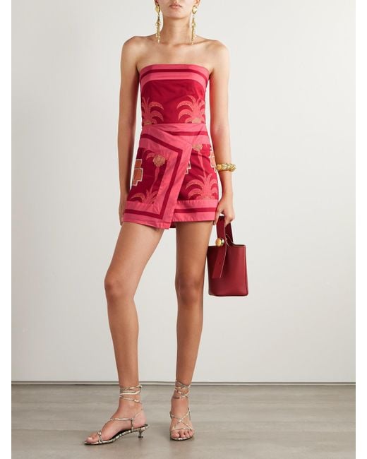 Johanna Ortiz Red Raiz Ritual Strapless Wrap-Effect Printed Cotton-Poplin Mini Dress