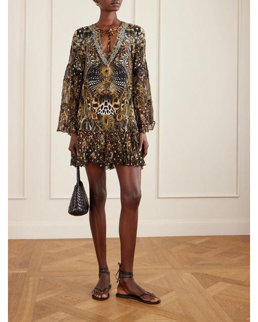 Camilla Brown Embellished Animal-Print Silk Crepe De Chine Mini Dress