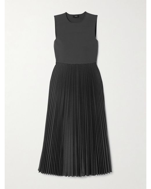 Theory Black Pleated Stretch-Knit And Satin-Crepe Midi Dress