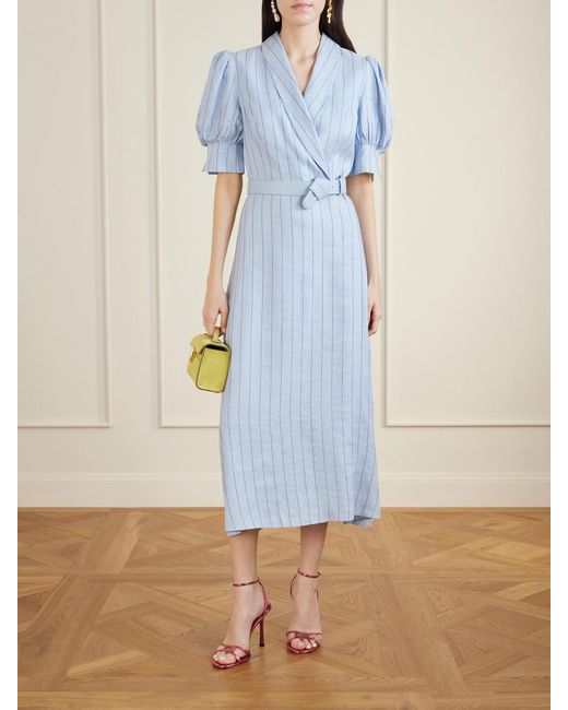 Rebecca Vallance Blue Effie Belted Striped Linen-Blend Midi Dress