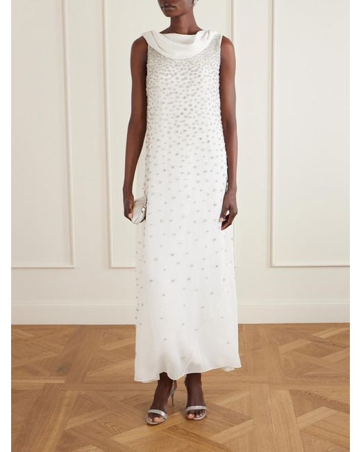 Clio Peppiatt White Kaia Scarf-Detailed Crystal-Embellished Crinkled-Chiffon Gown