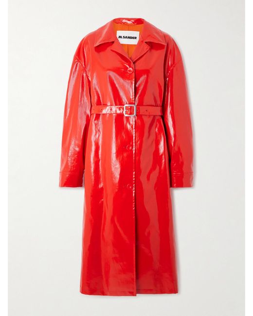 Jil Sander Red Belted Coated-Linen Trench Coat