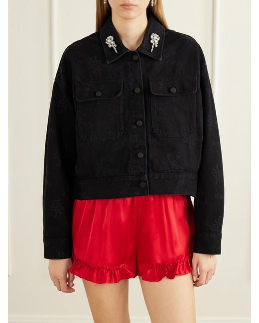 Simone Rocha Black Crystal-Embellished Floral-Print Denim Jacket