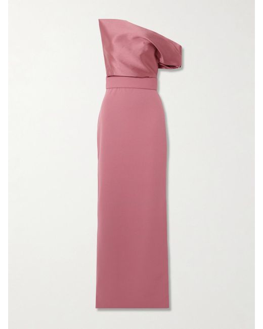 Solace London Pink Magda Off-The-Shoulder Belted Draped Faille And Crepe Gown