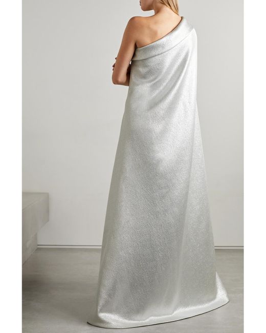Reem Acra Gray One-Shoulder Cotton-Blend Lamé Gown