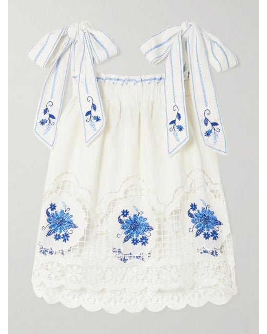 Farm Rio Blue Daisy Embroidered Linen-Blend Gauze And Lace Top